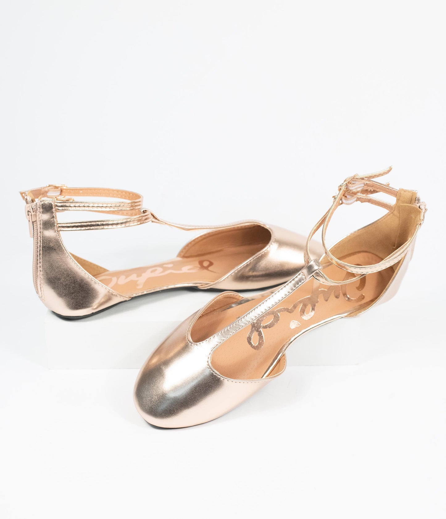 Rose Gold Patent Leatherette Bee T-Strap Flats - Unique Vintage - Womens, SHOES, FLATS