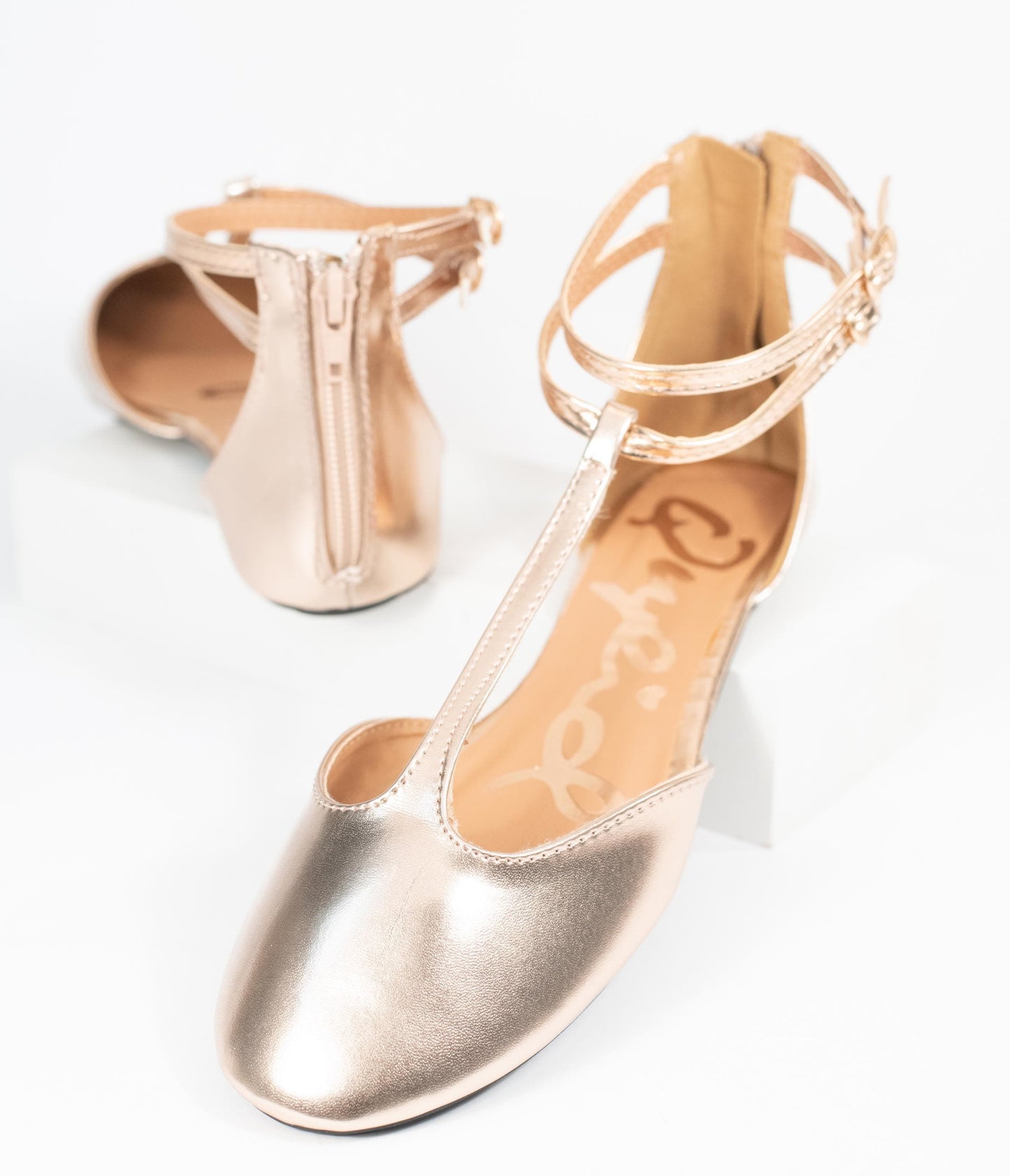 Rose Gold Patent Leatherette Bee T-Strap Flats - Unique Vintage - Womens, SHOES, FLATS