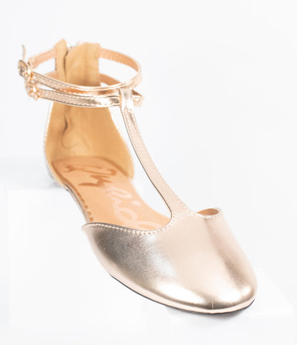 Rose Gold Patent Leatherette Bee T-Strap Flats - Unique Vintage - Womens, SHOES, FLATS