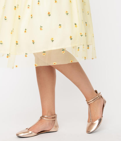 Rose Gold Patent Leatherette Bee T-Strap Flats - Unique Vintage - Womens, SHOES, FLATS