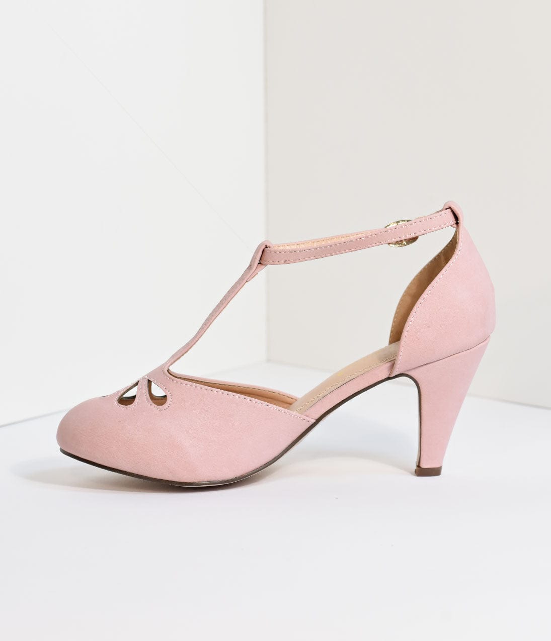 Rose Pink T-Strap Cut Out Kitten Heels - Unique Vintage - Womens, SHOES, HEELS