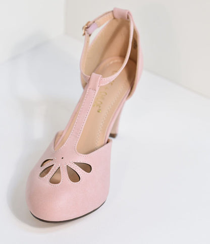 Rose Pink T-Strap Cut Out Kitten Heels - Unique Vintage - Womens, SHOES, HEELS