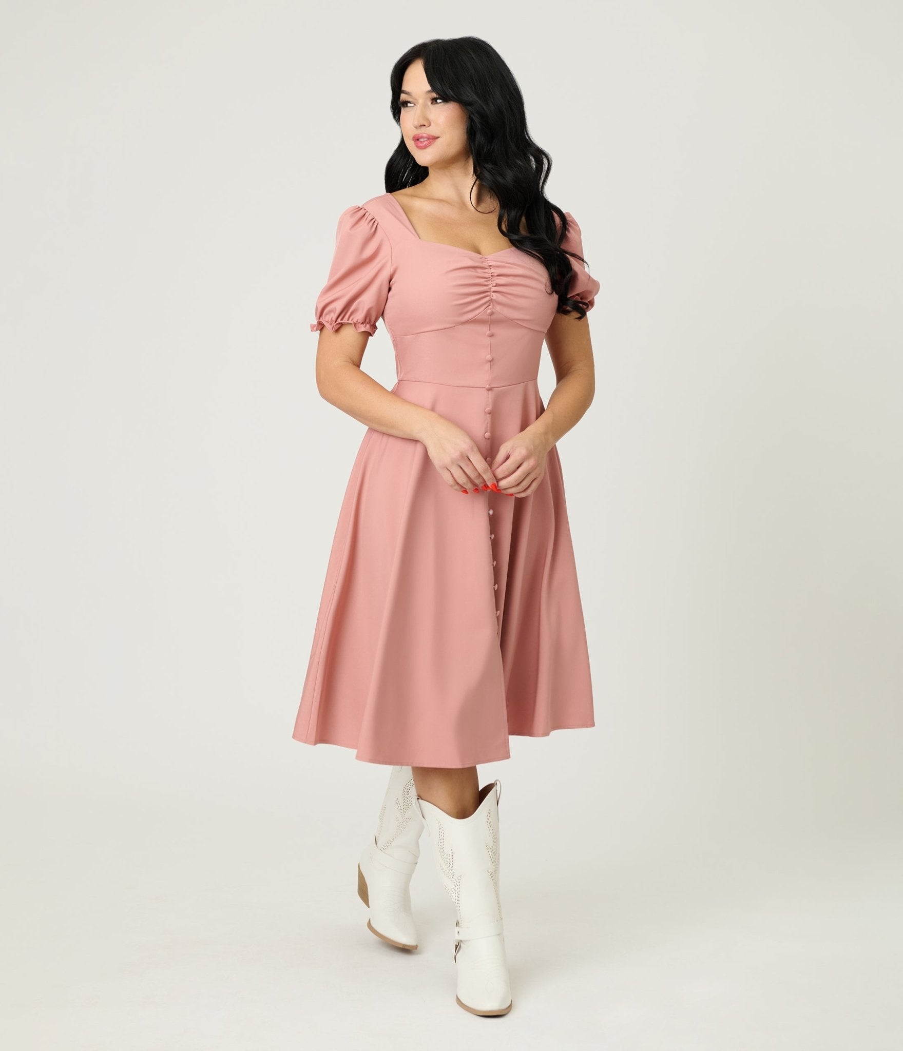 Rose Puff Sleeve Tea Length Dress - Unique Vintage - Womens, DRESSES, FIT AND FLARE