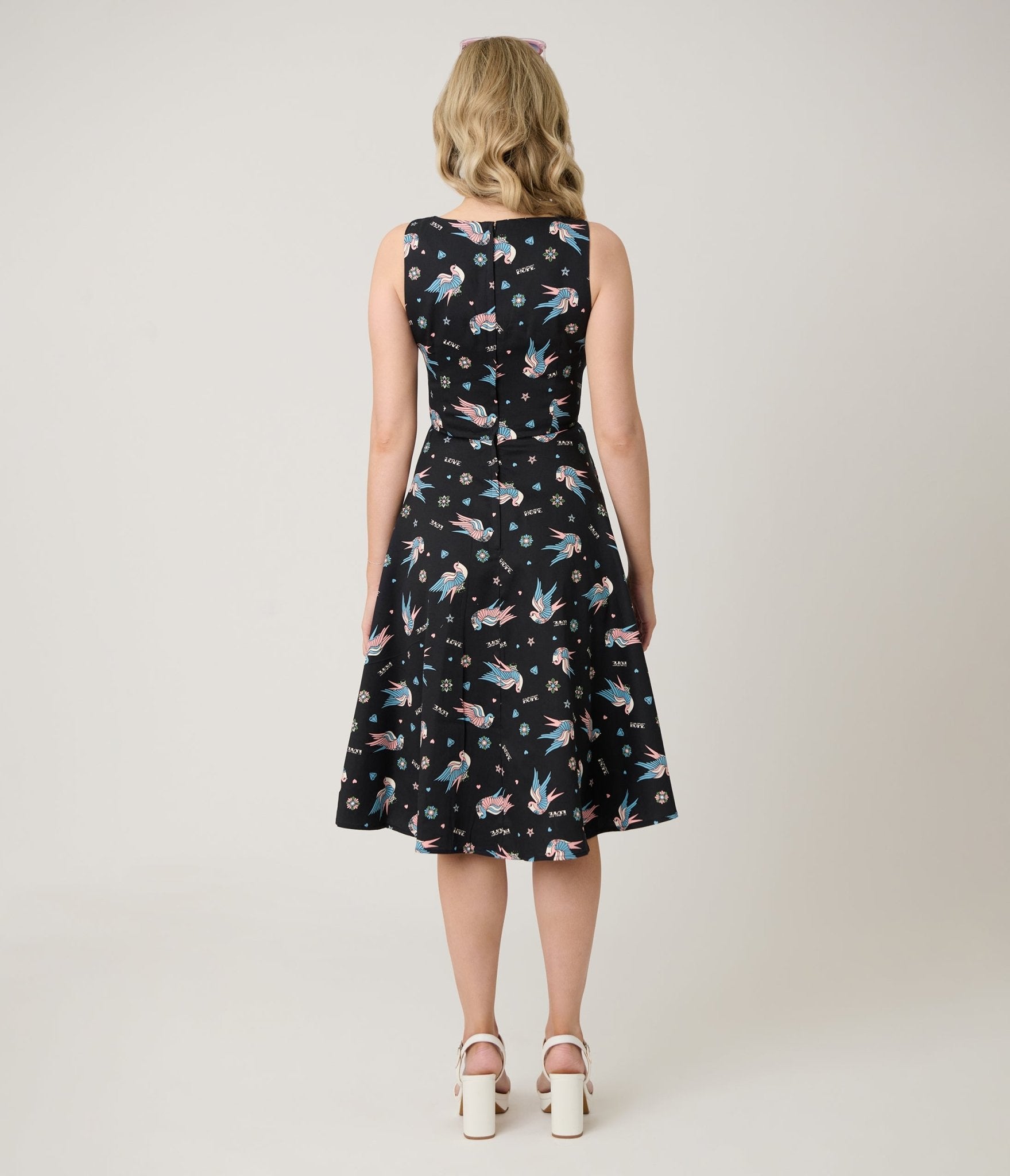 Royal Monk Black & Blue Swallow Print Marilou Swing Dress - Unique Vintage - Womens, DRESSES, SWING