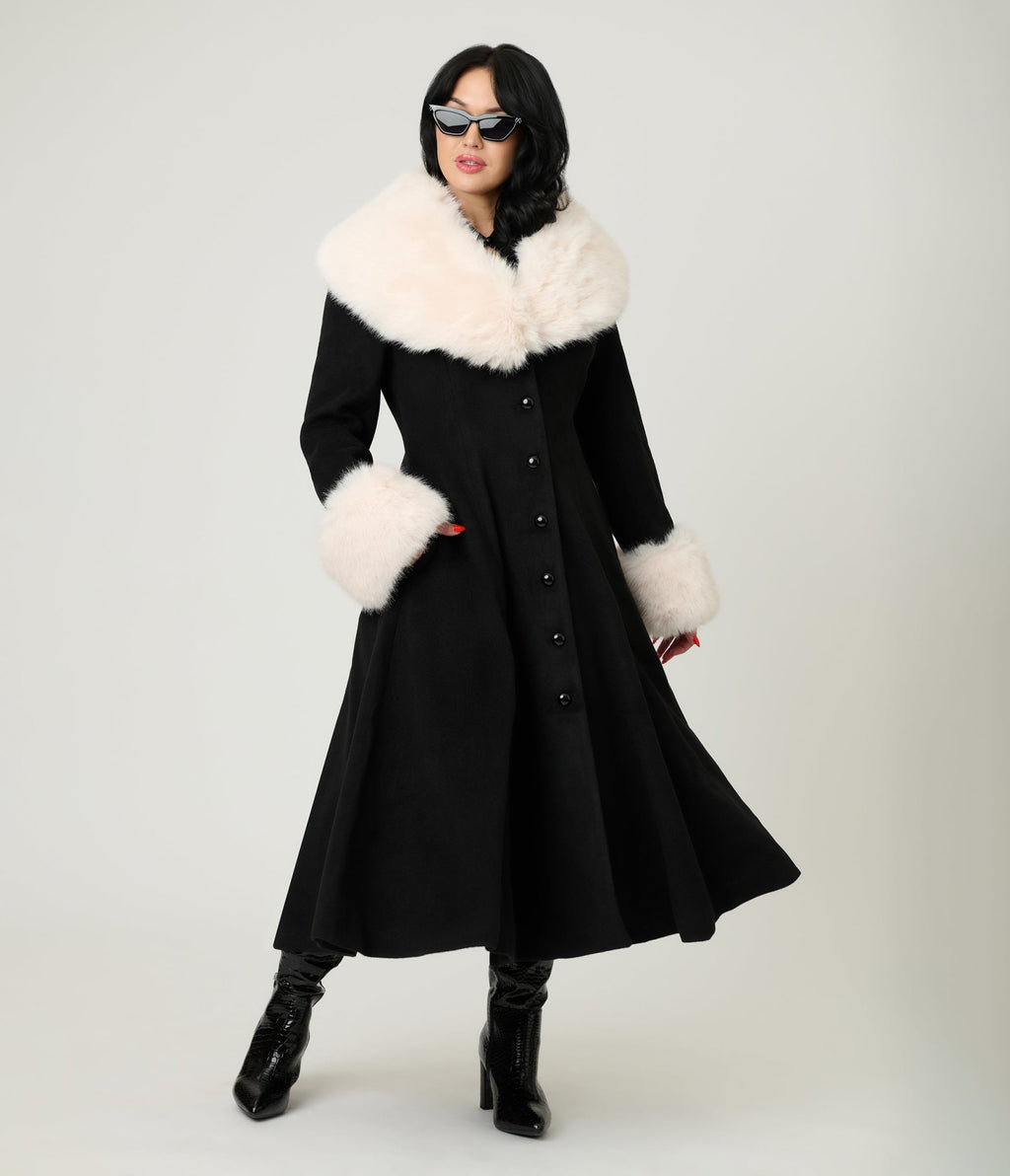Royal Monk Black & Cream Fur Martha Swing Coat - Unique Vintage - Womens, TOPS, OUTERWEAR