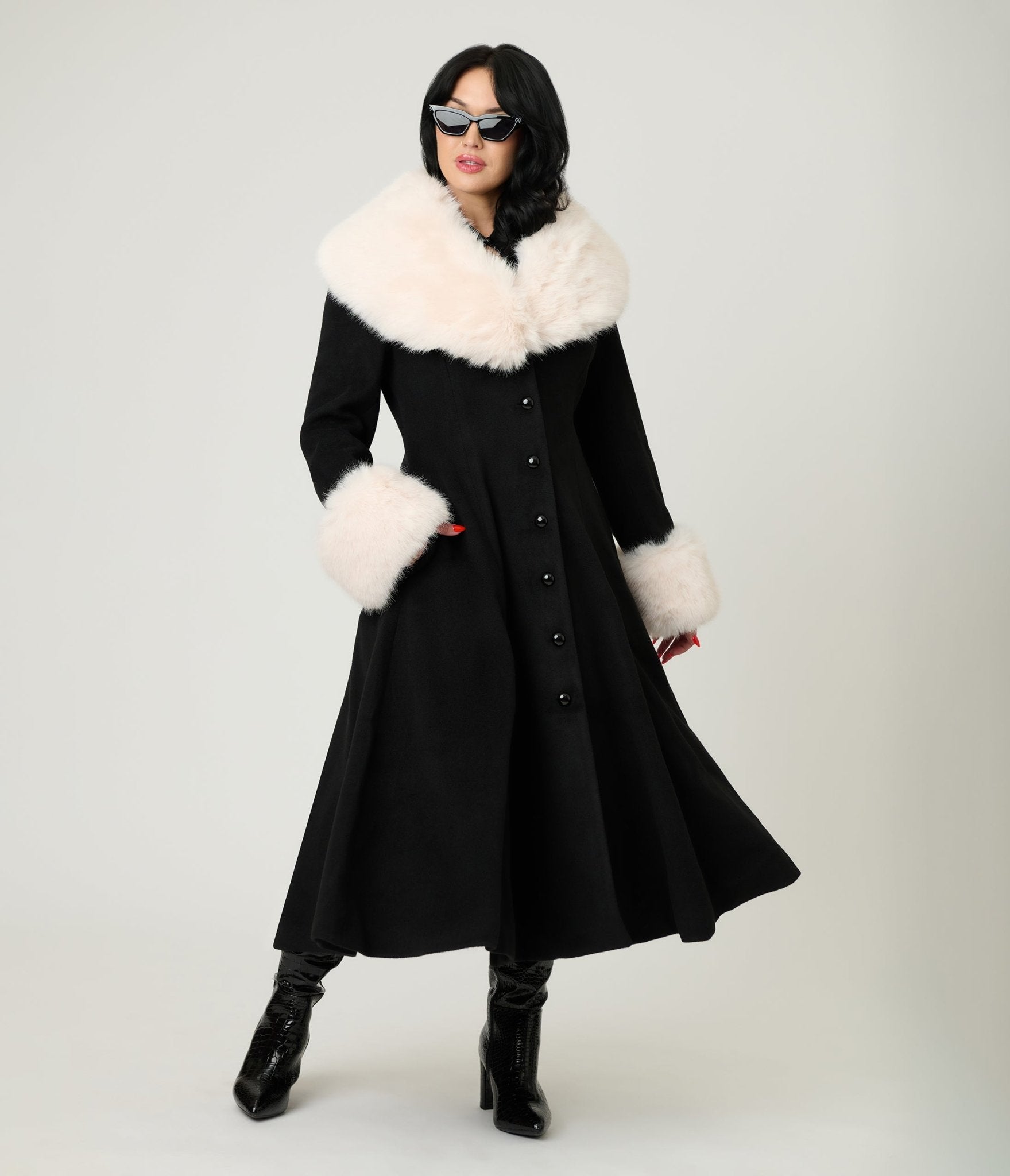 Royal Monk Black & Cream Fur Martha Swing Coat - Unique Vintage - Womens, TOPS, OUTERWEAR