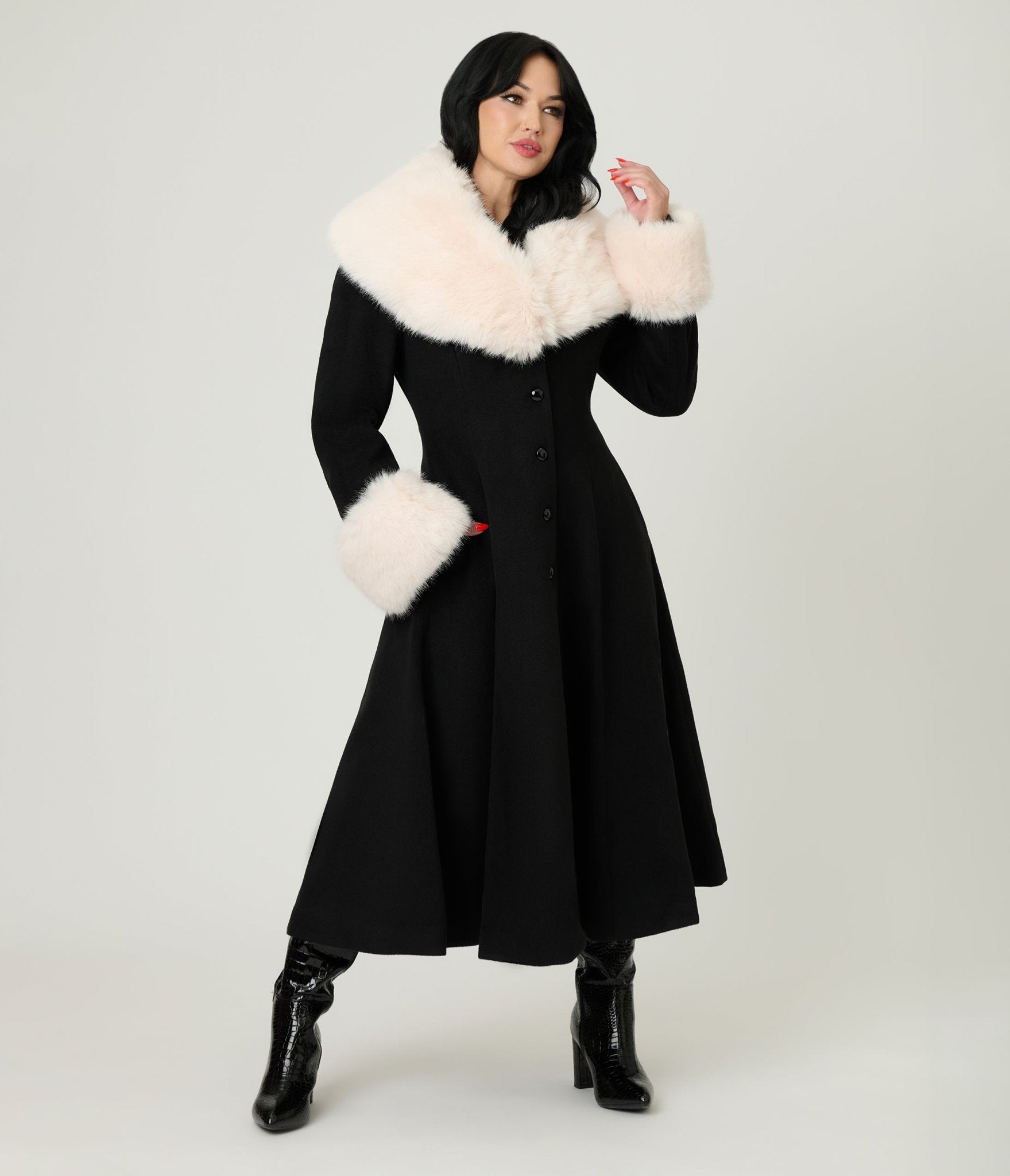 Royal Monk Black & Cream Fur Martha Swing Coat - Unique Vintage - Womens, TOPS, OUTERWEAR