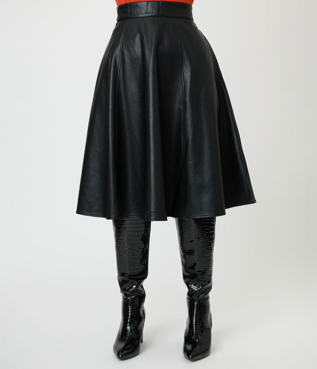Royal Monk Black Leatherette Daphne Swing Skirt - Unique Vintage - Womens, BOTTOMS, SKIRTS