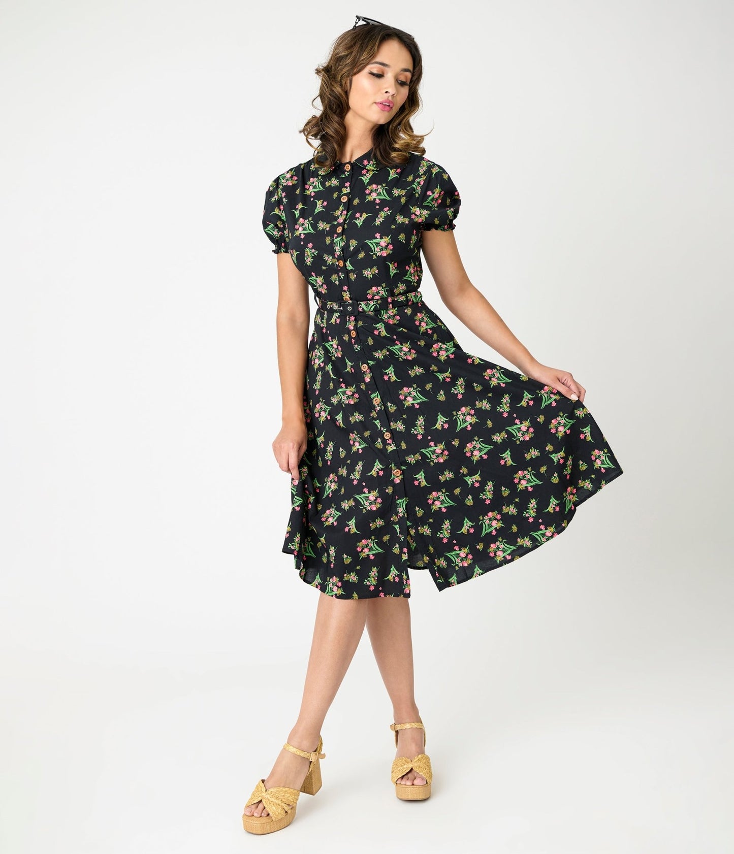 Royal Monk Black & Pink Floral Star Jules Flare Dress - Unique Vintage - Womens, DRESSES, SWING