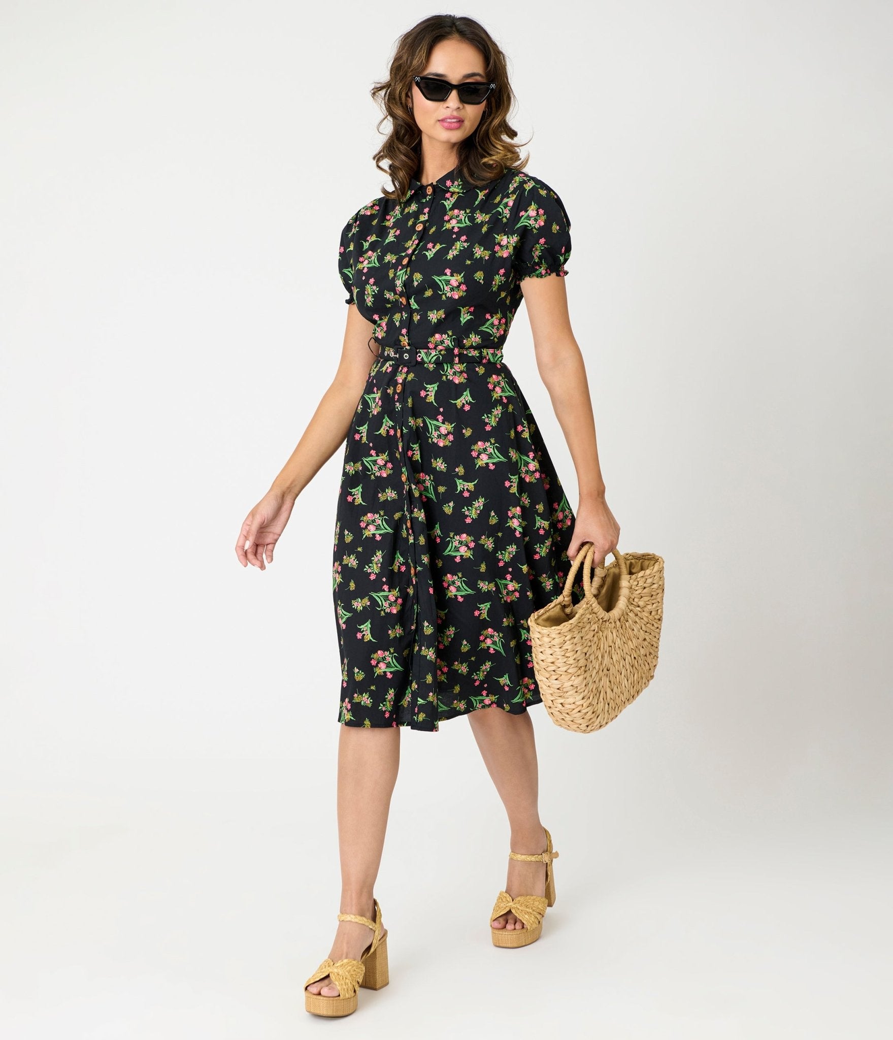 Royal Monk Black & Pink Floral Star Jules Flare Dress - Unique Vintage - Womens, DRESSES, SWING