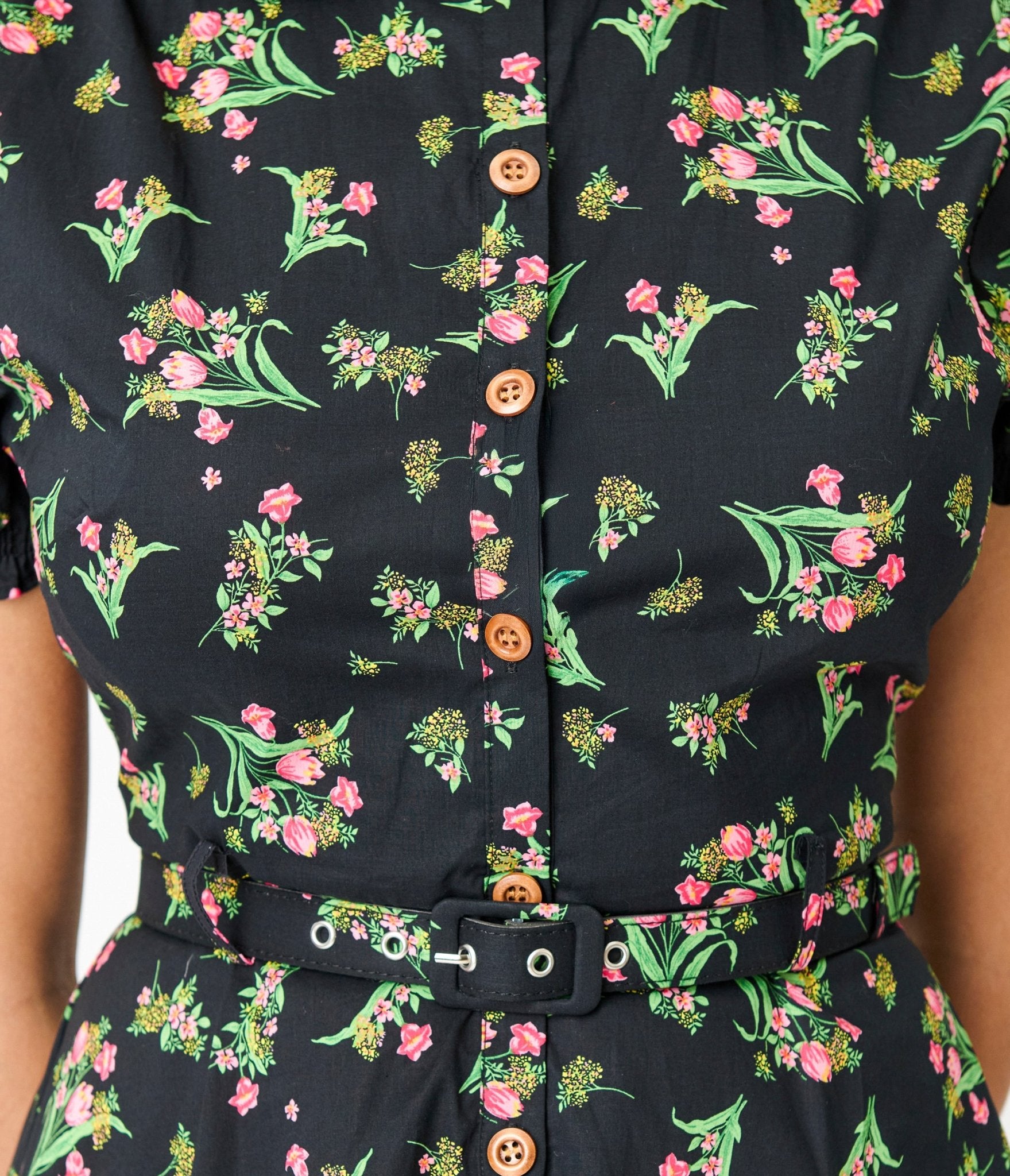 Royal Monk Black & Pink Floral Star Jules Flare Dress - Unique Vintage - Womens, DRESSES, SWING