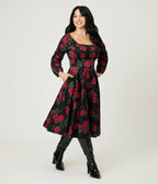 Royal Monk Black & Red Roses Cotton Mina Swing Dress - Unique Vintage - Womens, DRESSES, SWING