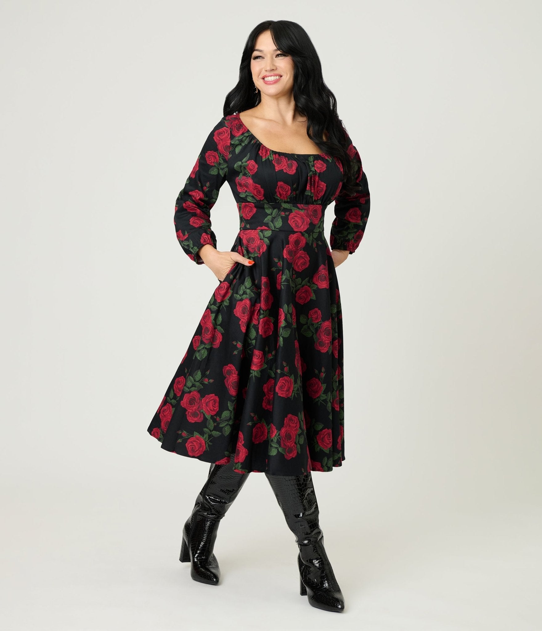 Royal Monk Black & Red Roses Cotton Mina Swing Dress - Unique Vintage - Womens, DRESSES, SWING