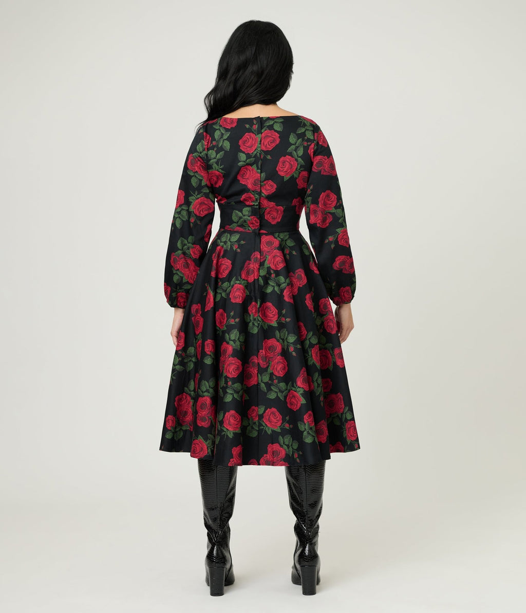 Royal Monk Black & Red Roses Cotton Mina Swing Dress - Unique Vintage - Womens, DRESSES, SWING