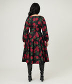 Royal Monk Black & Red Roses Cotton Mina Swing Dress - Unique Vintage - Womens, DRESSES, SWING