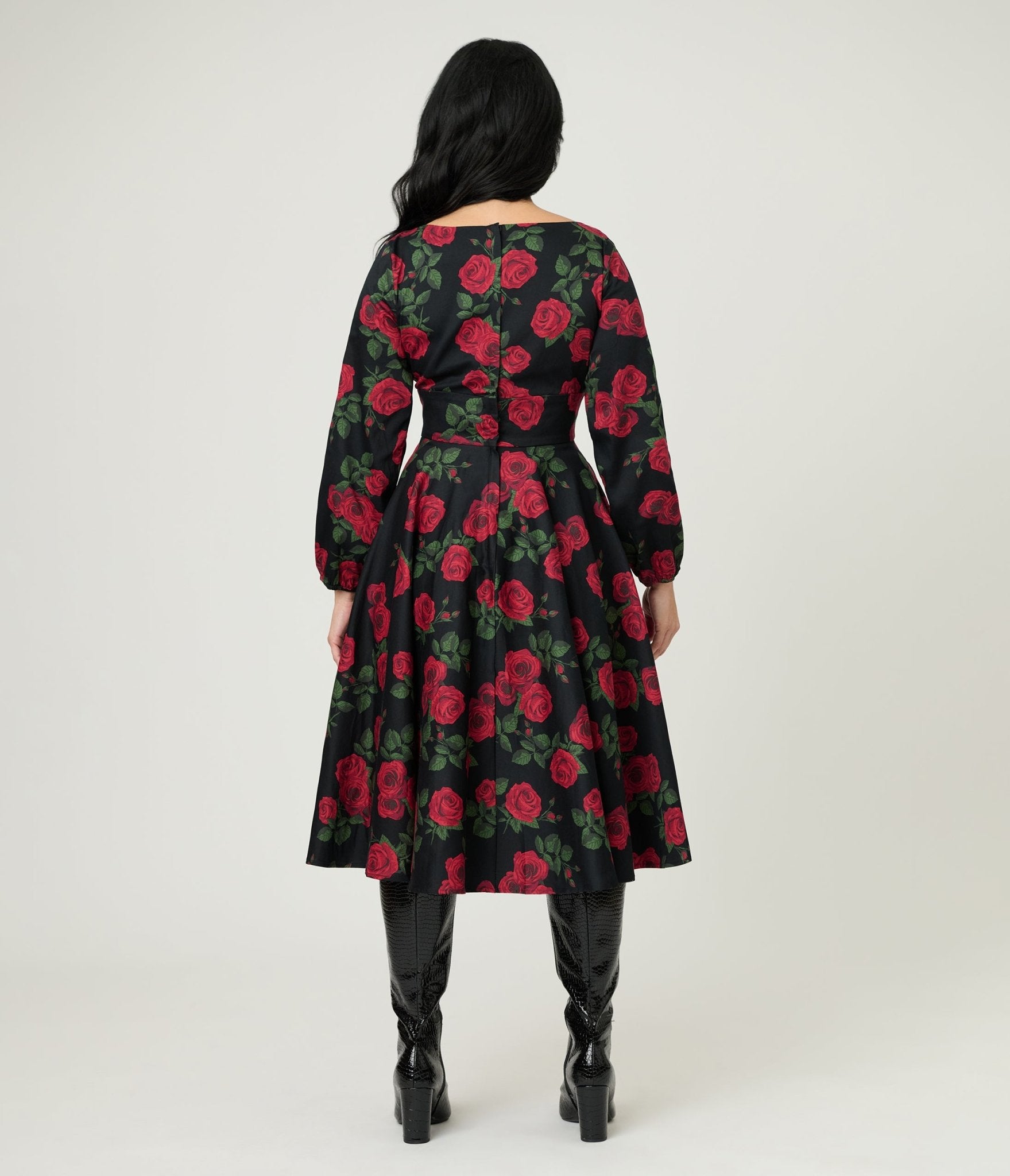 Royal Monk Black & Red Roses Cotton Mina Swing Dress - Unique Vintage - Womens, DRESSES, SWING
