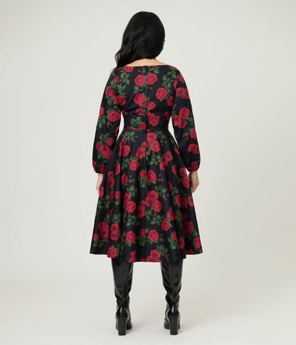 Royal Monk Black & Red Roses Cotton Mina Swing Dress - Unique Vintage - Womens, DRESSES, SWING