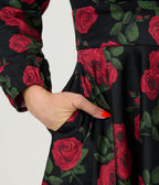 Royal Monk Black & Red Roses Cotton Mina Swing Dress - Unique Vintage - Womens, DRESSES, SWING
