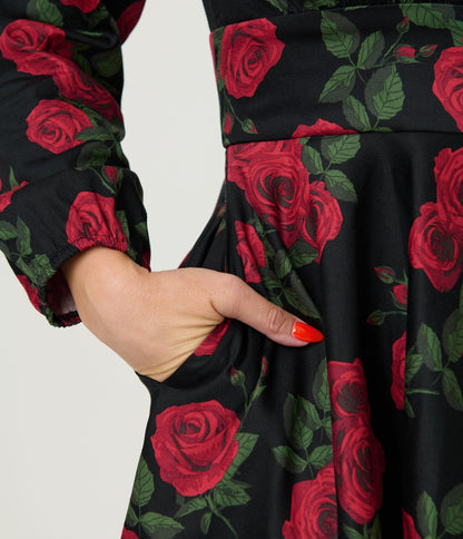 Royal Monk Black & Red Roses Cotton Mina Swing Dress - Unique Vintage - Womens, DRESSES, SWING