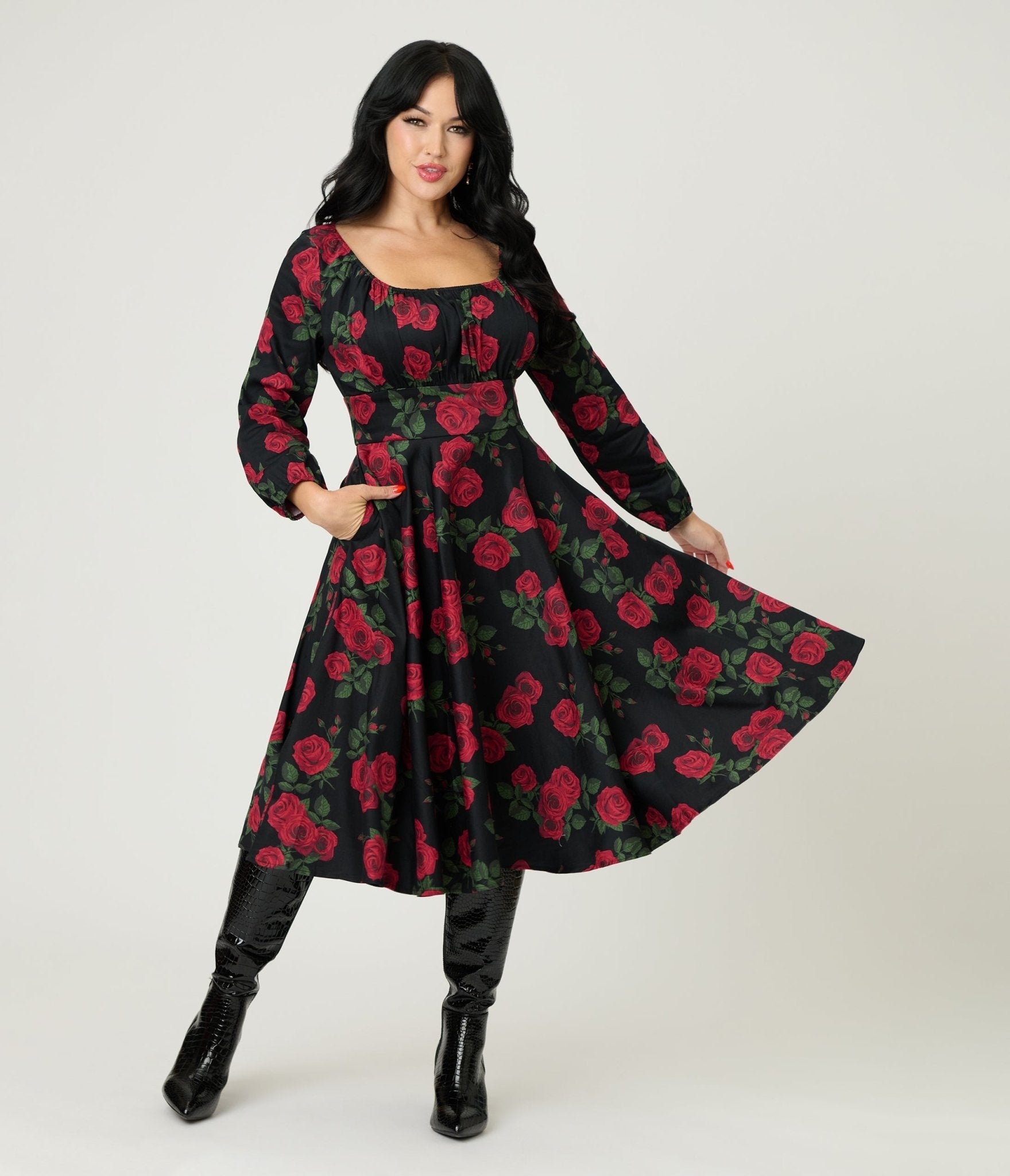 Royal Monk Black & Red Roses Cotton Mina Swing Dress - Unique Vintage - Womens, DRESSES, SWING