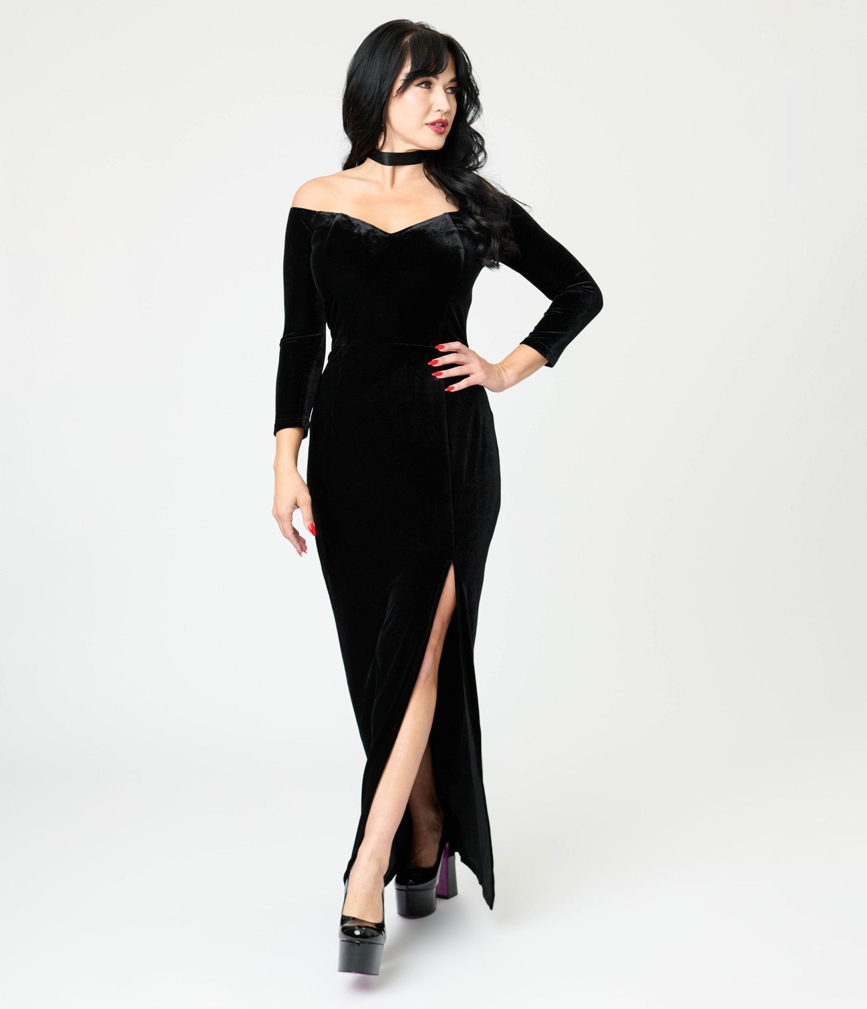 Royal Monk Black Velvet Amalia Maxi Dress - Unique Vintage - Womens, DRESSES, MAXI