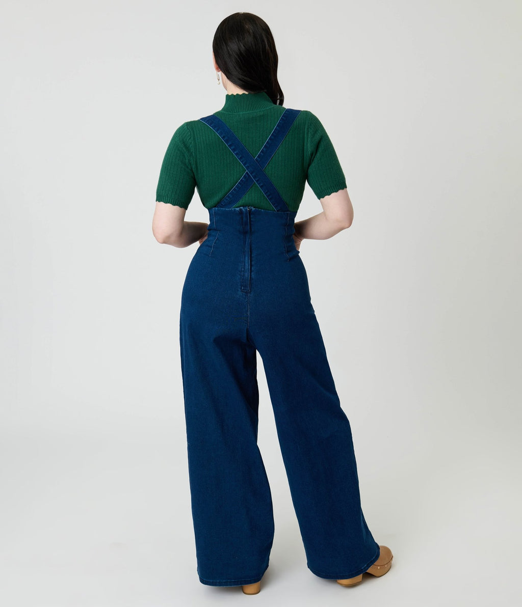Royal Monk Blue Denim Jolene Suspender Jeans - Unique Vintage - Womens, TOPS, KNIT TOPS