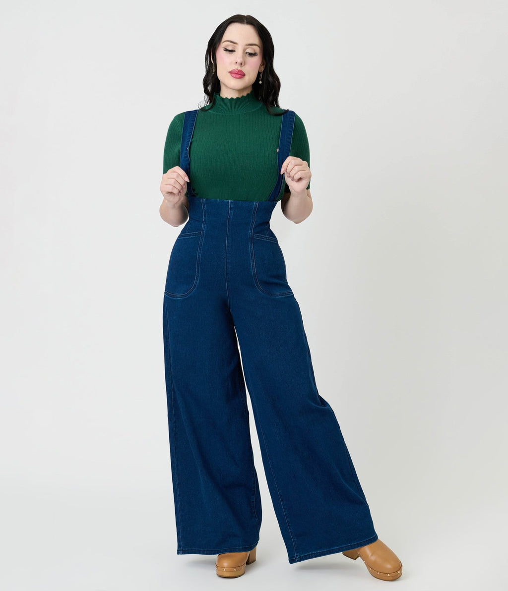 Royal Monk Blue Denim Jolene Suspender Jeans - Unique Vintage - Womens, TOPS, KNIT TOPS