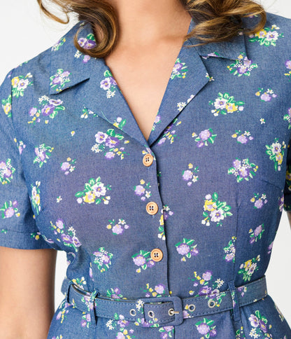 Royal Monk Blue Floral Bloom Print Bella Swing Dress - Unique Vintage - Womens, DRESSES, SWING