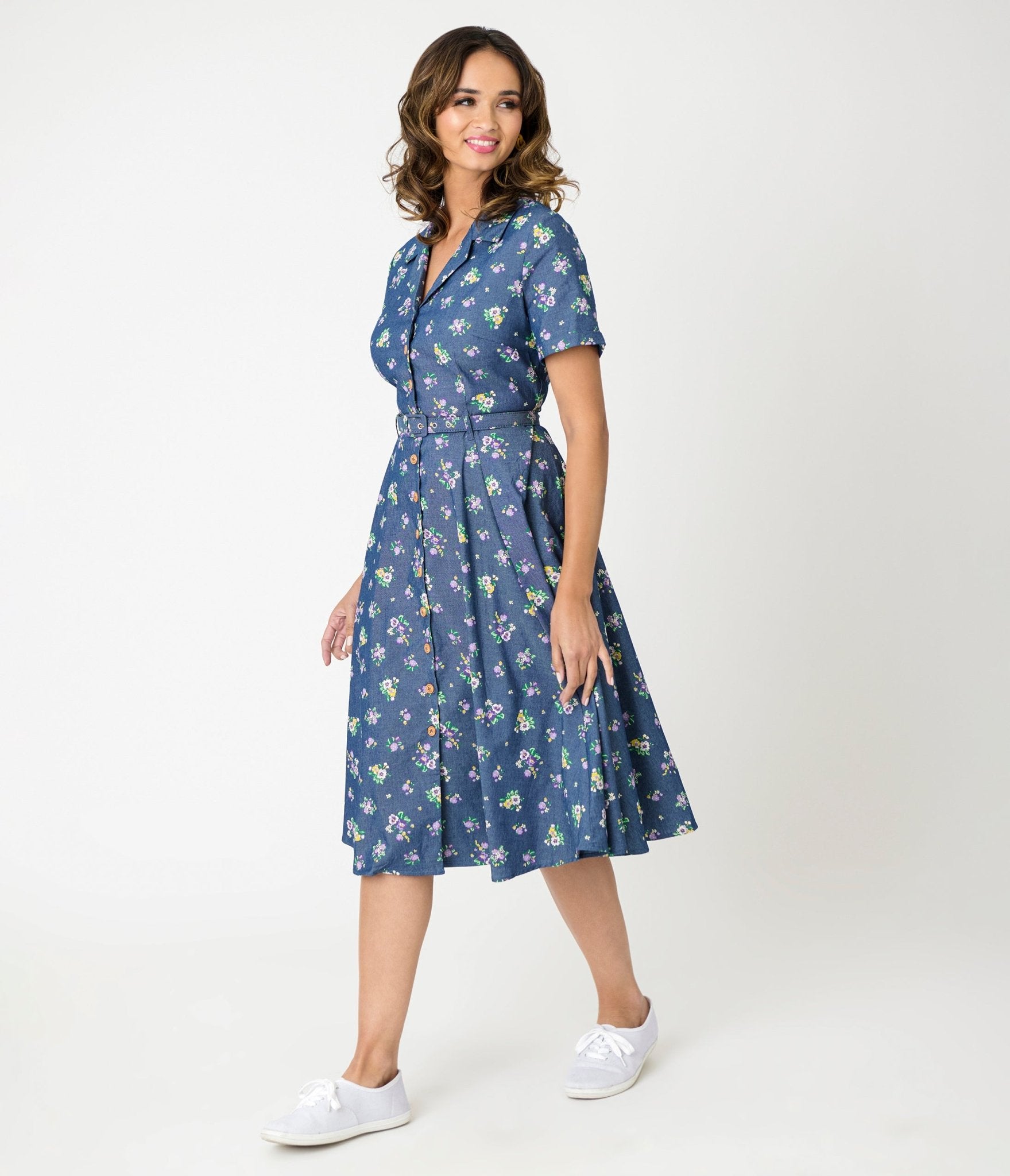 Royal Monk Blue Floral Bloom Print Bella Swing Dress - Unique Vintage - Womens, DRESSES, SWING