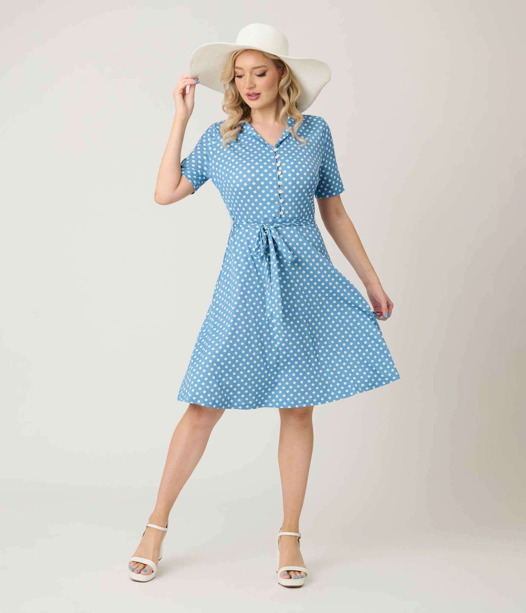 Royal Monk Blue & White Polka Dot Ellen Swing Dress - Unique Vintage - Womens, DRESSES, SWING