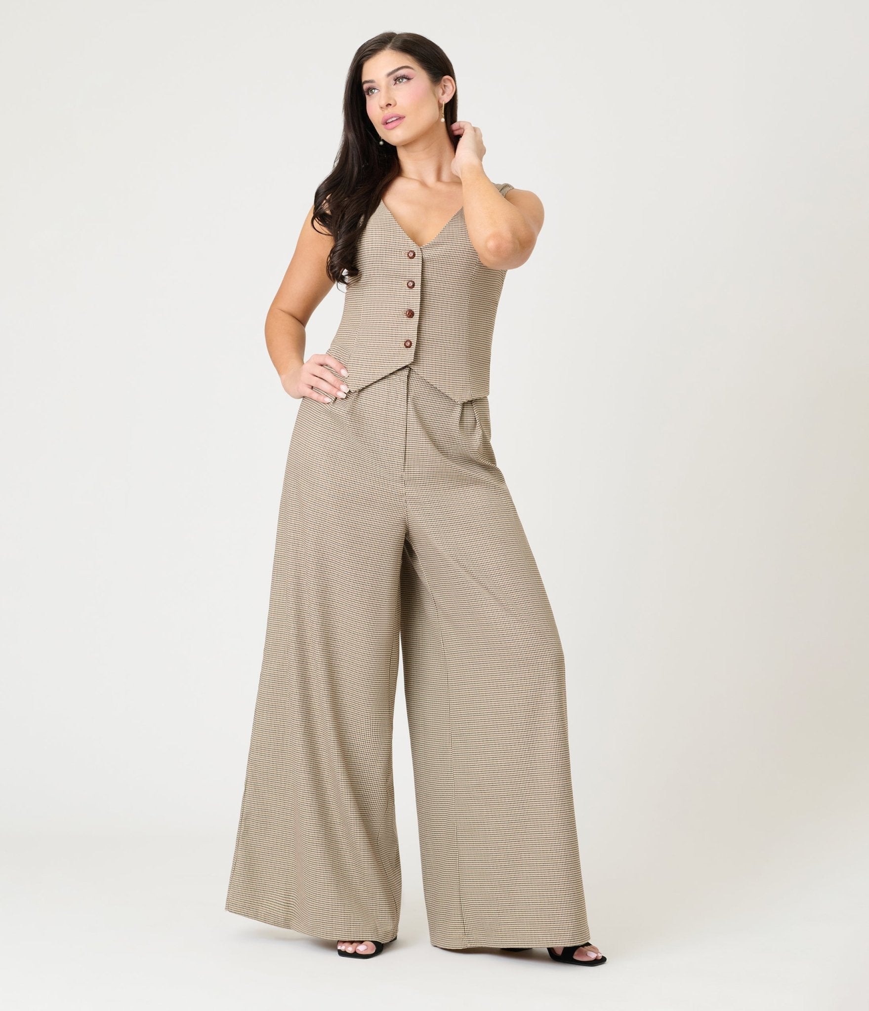 Royal Monk Brown Houndstooth Eliza Trousers - Unique Vintage - Womens, BOTTOMS, PANTS