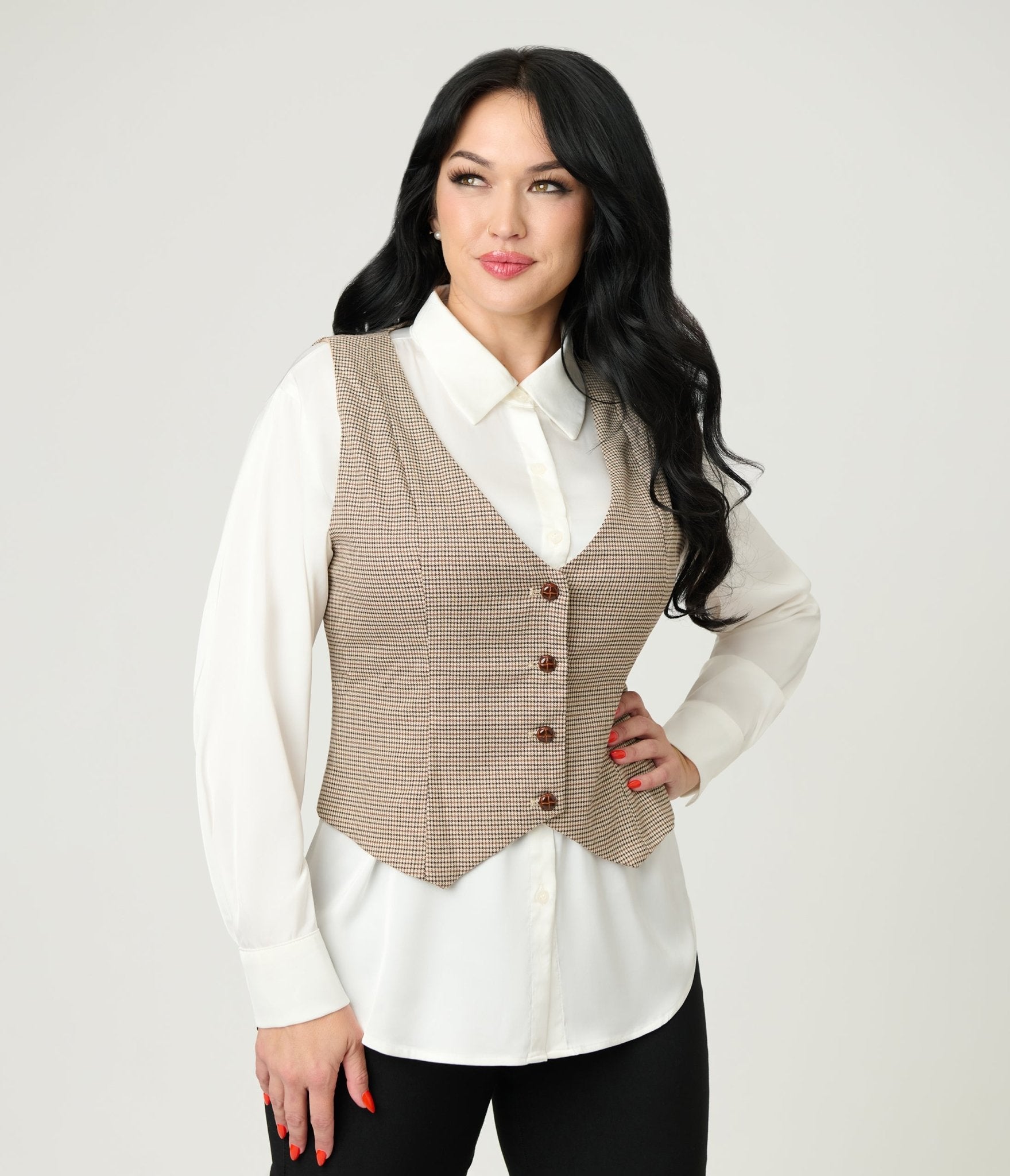 Royal Monk Brown Houndstooth Hallie Vest - Unique Vintage - Womens, TOPS, SWEATERS AND VESTS