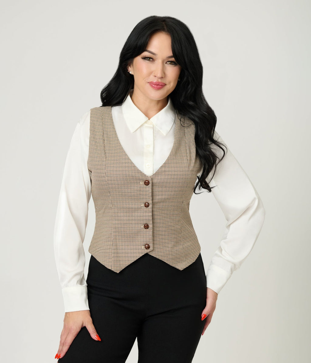 Royal Monk Brown Houndstooth Hallie Vest - Unique Vintage - Womens, TOPS, SWEATERS AND VESTS