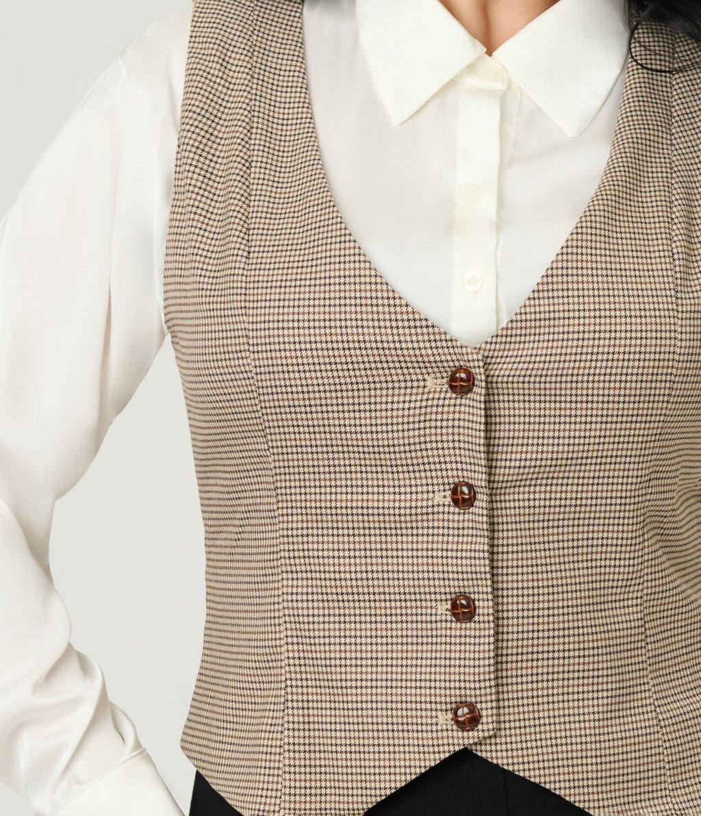 Royal Monk Brown Houndstooth Hallie Vest - Unique Vintage - Womens, TOPS, SWEATERS AND VESTS