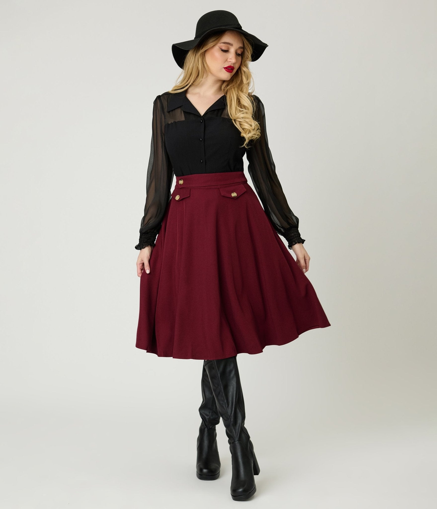 Royal Monk Burgundy Book Club Swing Skirt - Unique Vintage - Womens, BOTTOMS, SKIRTS