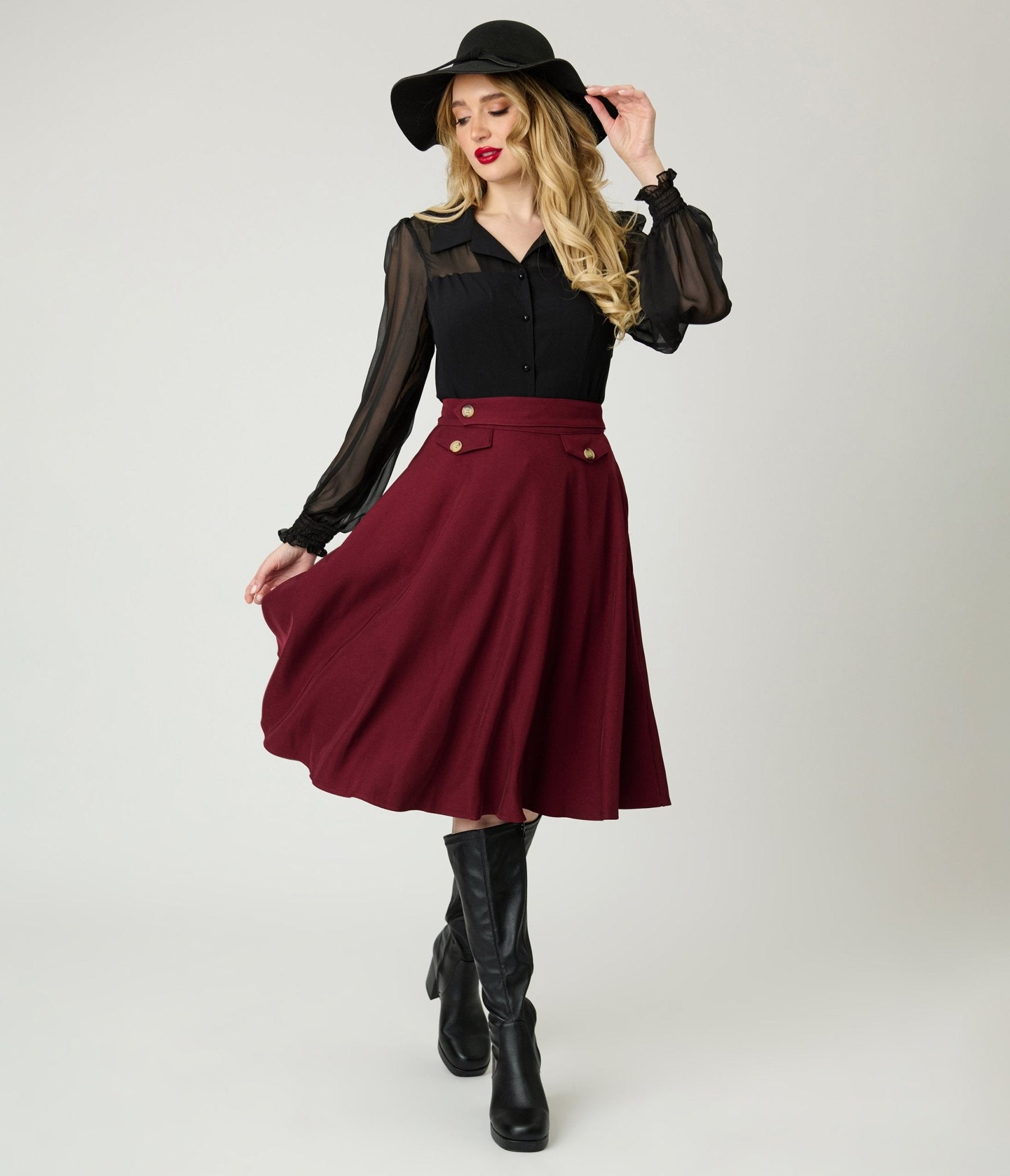Royal Monk Burgundy Book Club Swing Skirt - Unique Vintage - Womens, BOTTOMS, SKIRTS