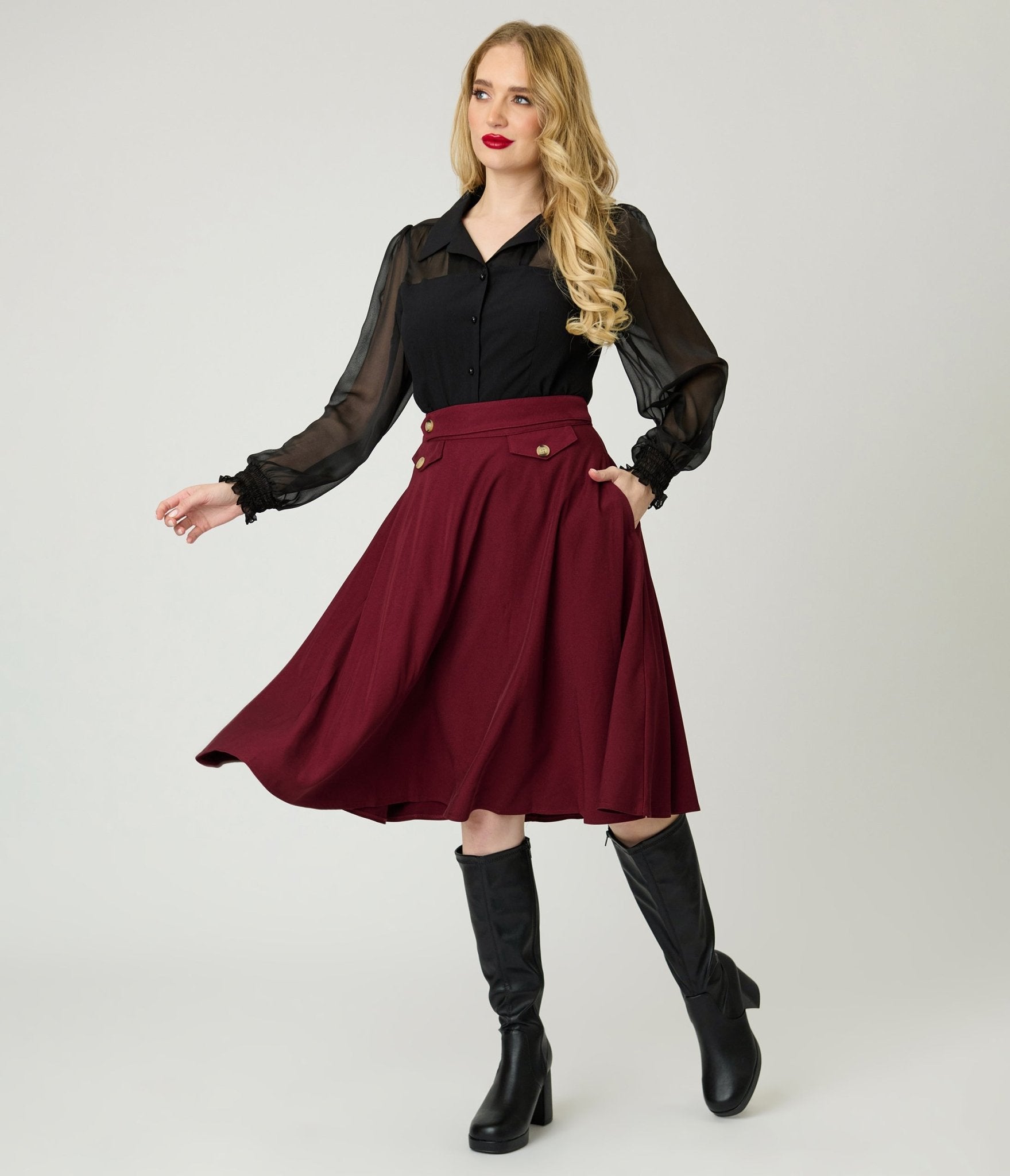 Royal Monk Burgundy Book Club Swing Skirt - Unique Vintage - Womens, BOTTOMS, SKIRTS