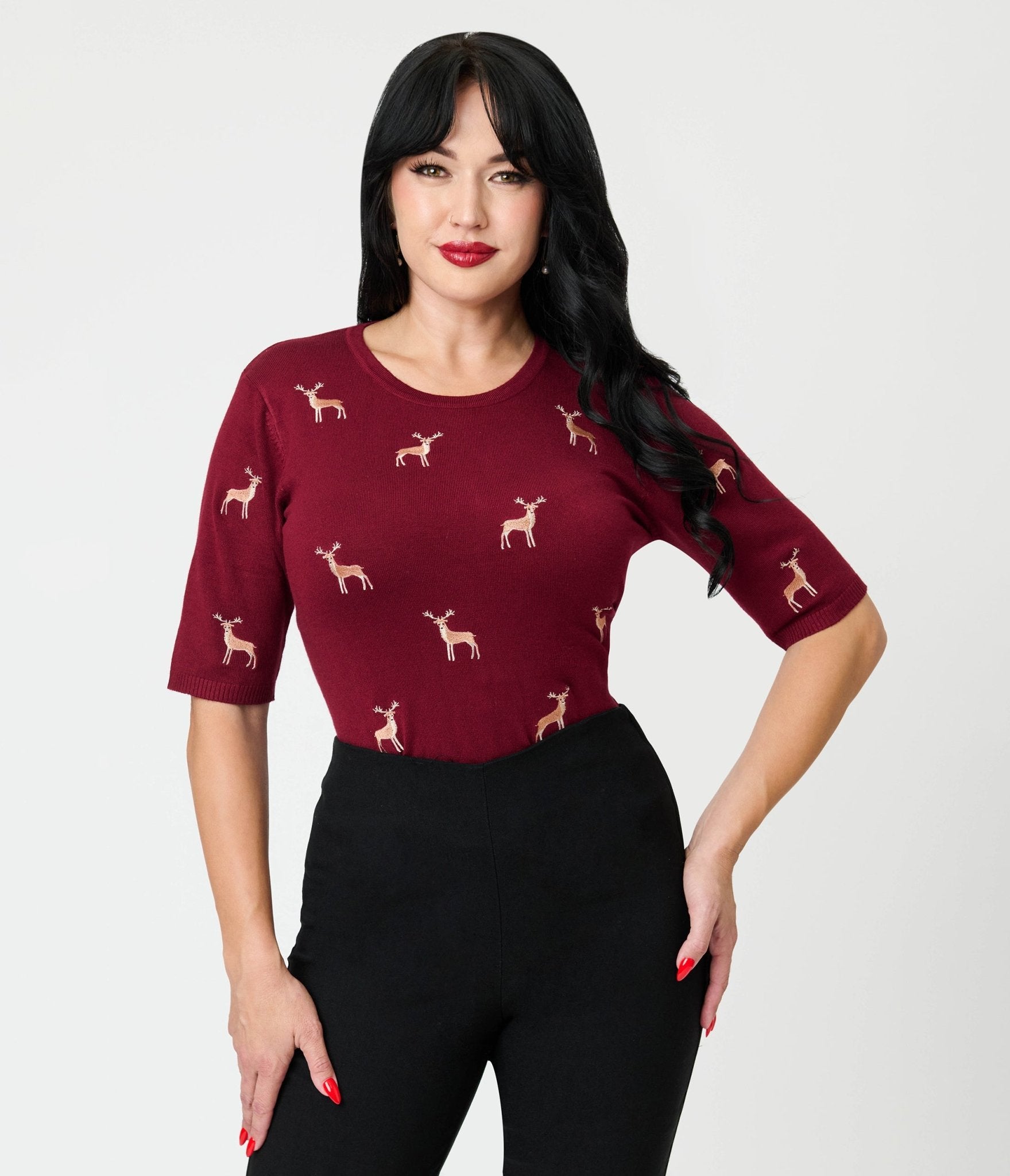 Royal Monk Burgundy Deer Sweater - Unique Vintage - Womens, TOPS, KNIT TOPS