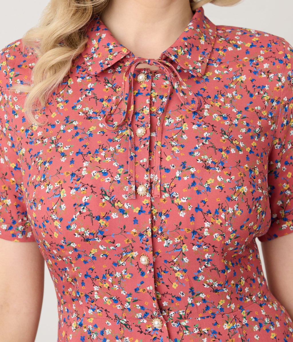 Royal Monk Coral Spring Floral Midi Dress - Unique Vintage - Womens, DRESSES, SWING