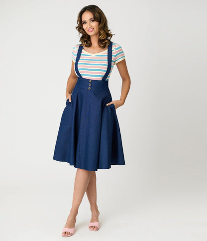 Royal Monk Dark Blue Denim Dottie Swing Skirt - Unique Vintage - Womens, BOTTOMS, SKIRTS