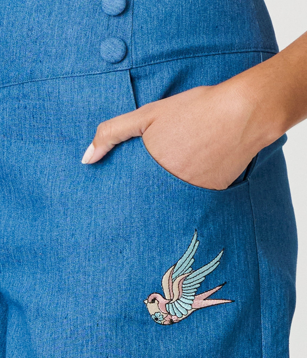 Royal Monk Denim Blue Swallows Millie Shorts - Unique Vintage - Womens, BOTTOMS, SHORTS