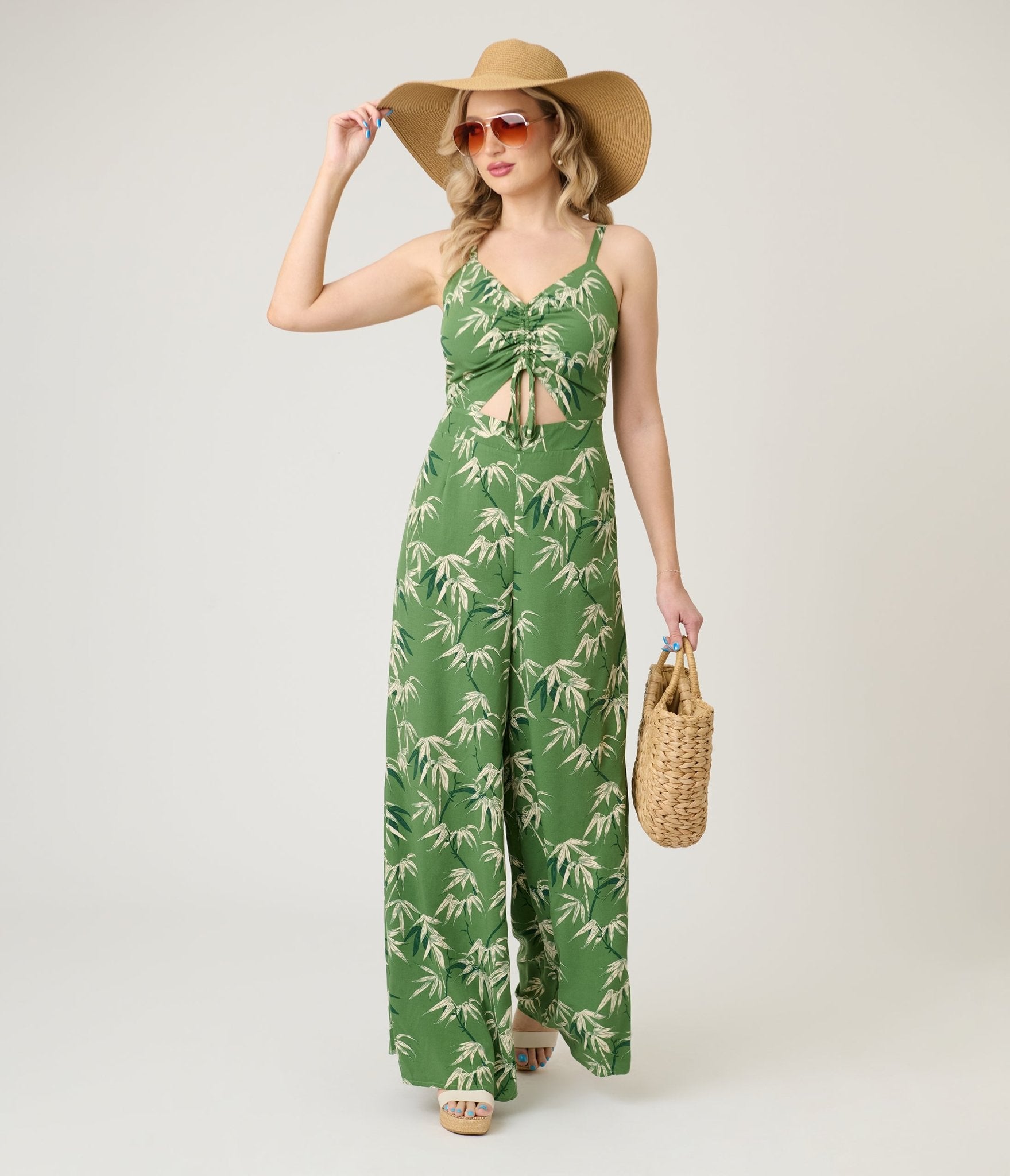 Royal Monk Green Bamboo Print Nancy Jumpsuit - Unique Vintage - Womens, BOTTOMS, ROMPERS AND JUMPSUITS
