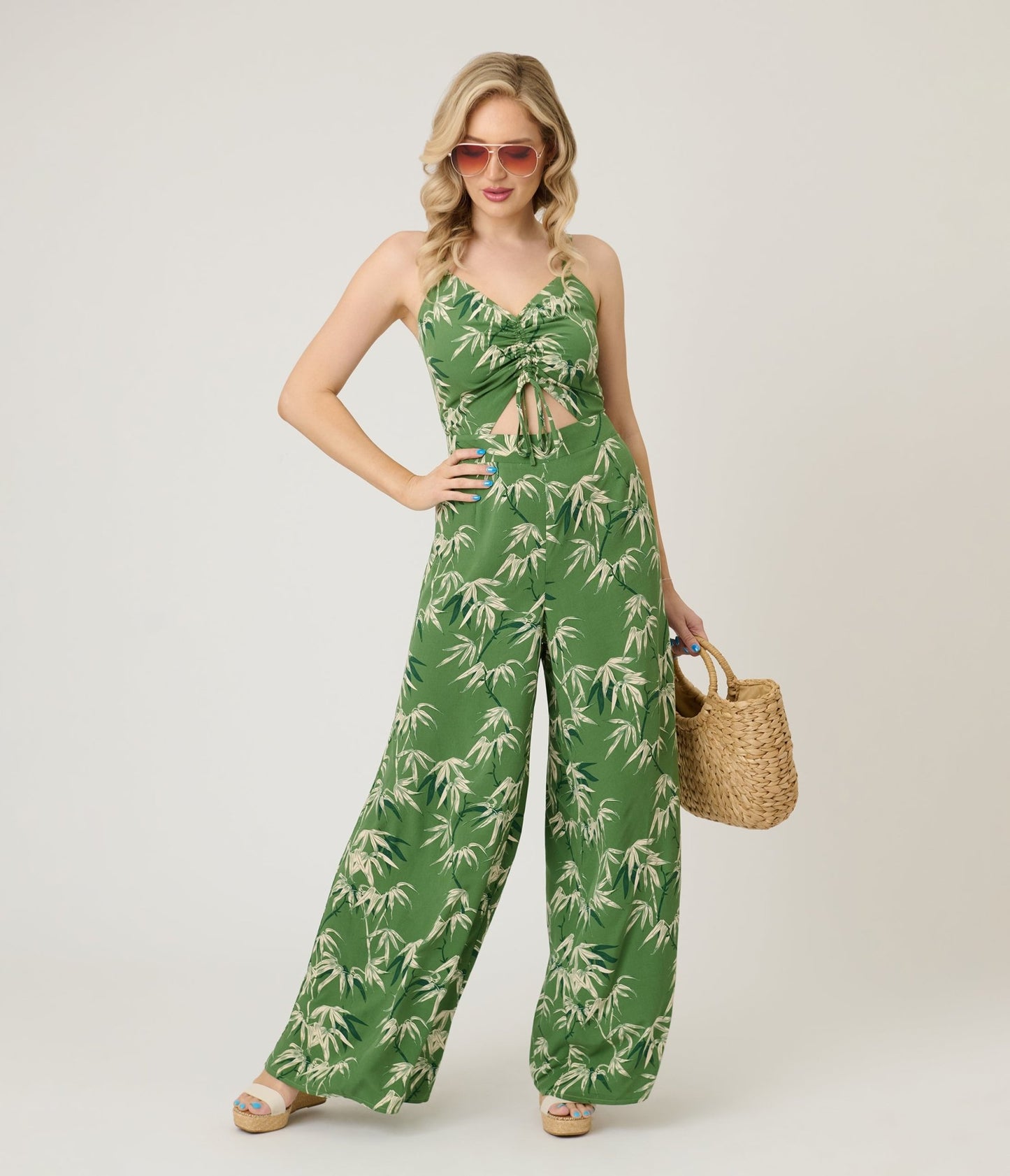Royal Monk Green Bamboo Print Nancy Jumpsuit - Unique Vintage - Womens, BOTTOMS, ROMPERS AND JUMPSUITS