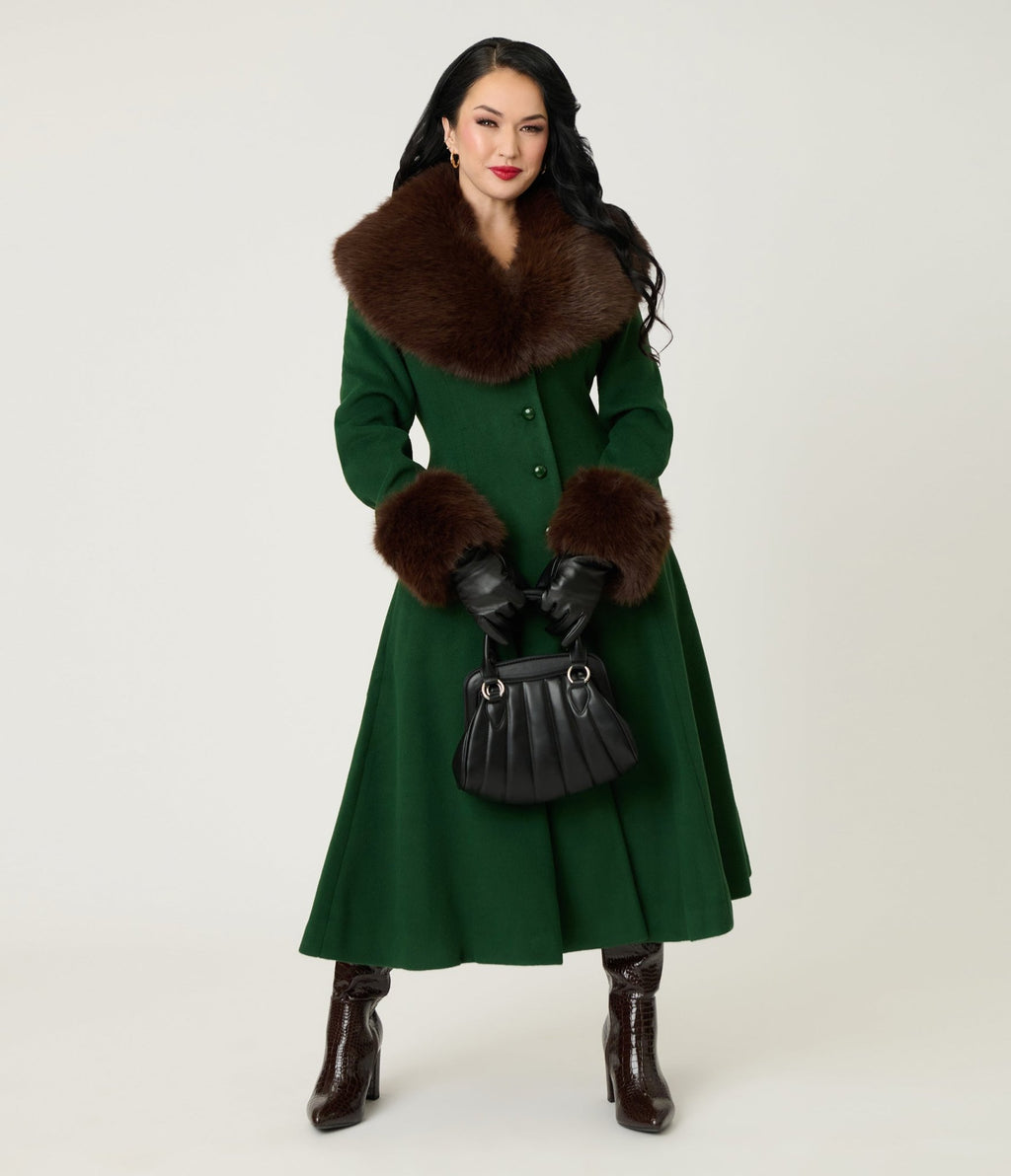 Royal Monk Green & Brown Fur Martha Swing Coat - Unique Vintage - Womens, TOPS, OUTERWEAR