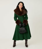 Royal Monk Green & Brown Fur Martha Swing Coat - Unique Vintage - Womens, TOPS, OUTERWEAR