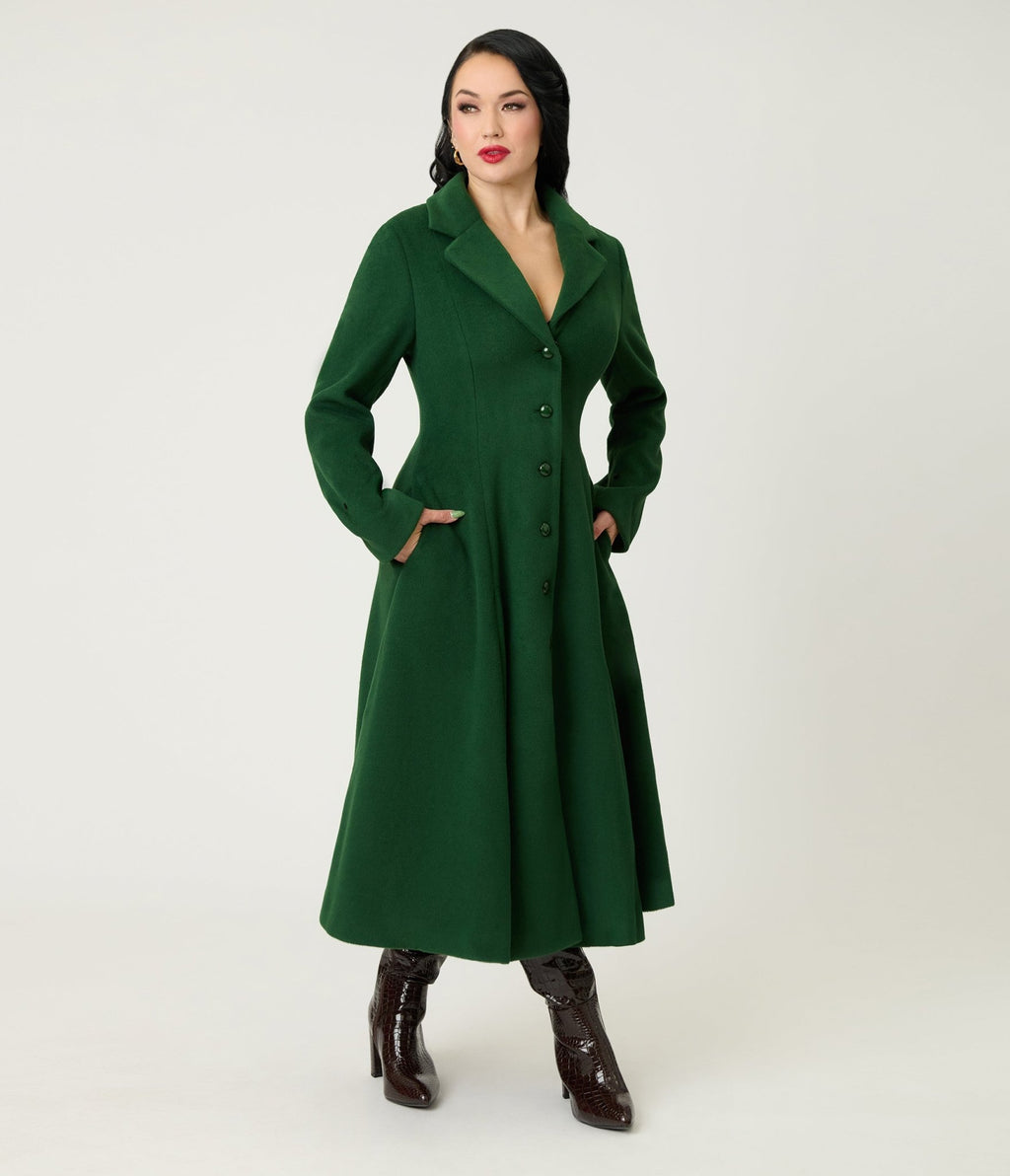 Royal Monk Green & Brown Fur Martha Swing Coat - Unique Vintage - Womens, TOPS, OUTERWEAR