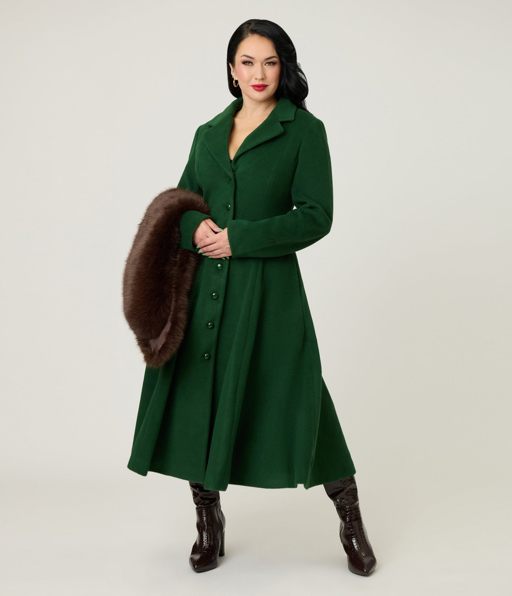 Royal Monk Green & Brown Fur Martha Swing Coat - Unique Vintage - Womens, TOPS, OUTERWEAR