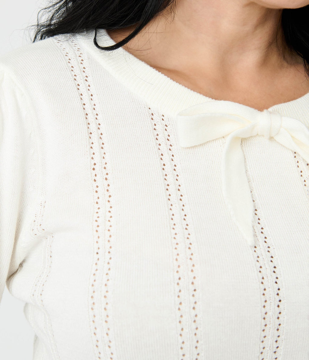 Royal Monk Ivory Bow Sweater - Unique Vintage - Womens, TOPS, SWEATERS