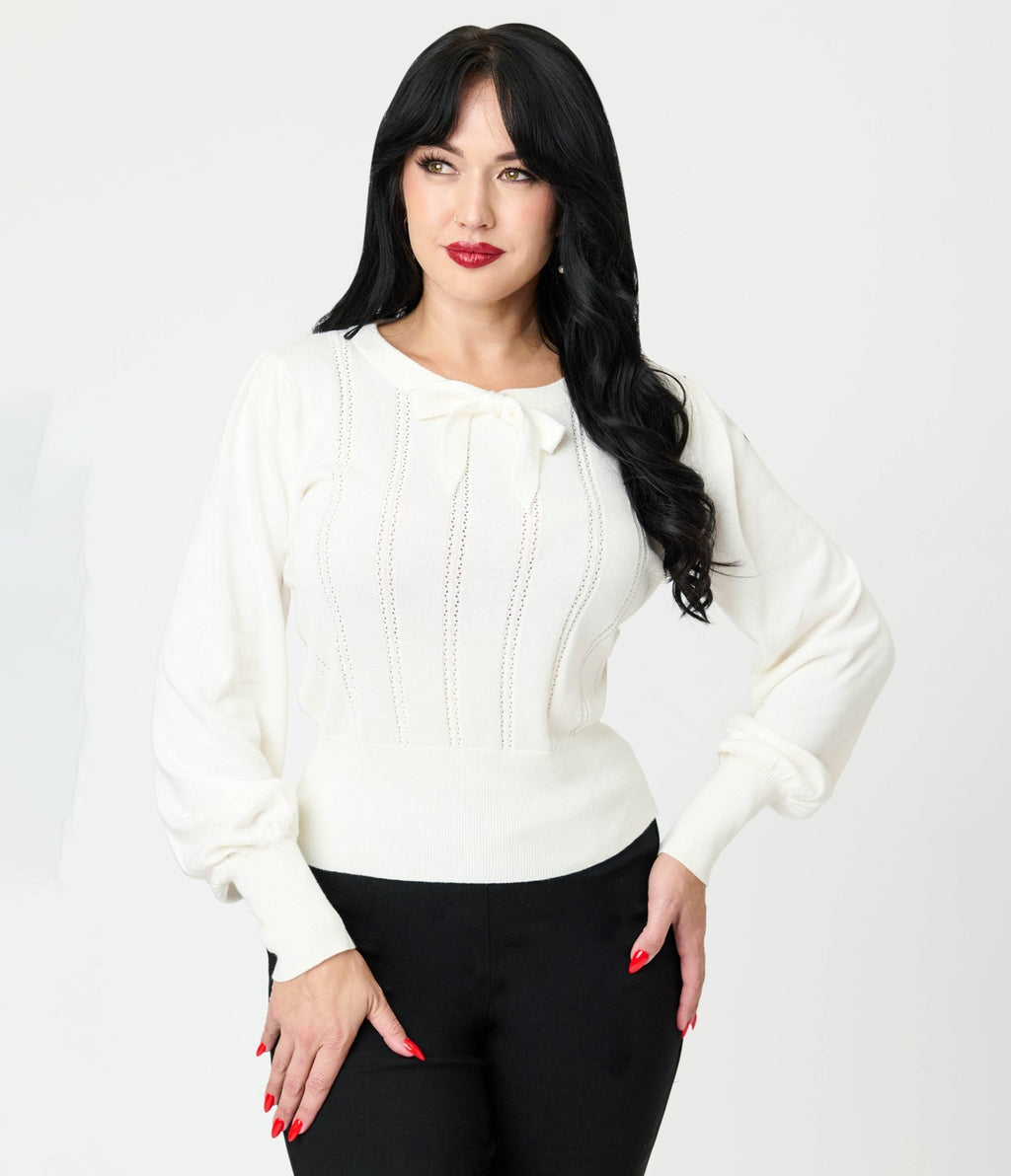 Royal Monk Ivory Bow Sweater - Unique Vintage - Womens, TOPS, SWEATERS