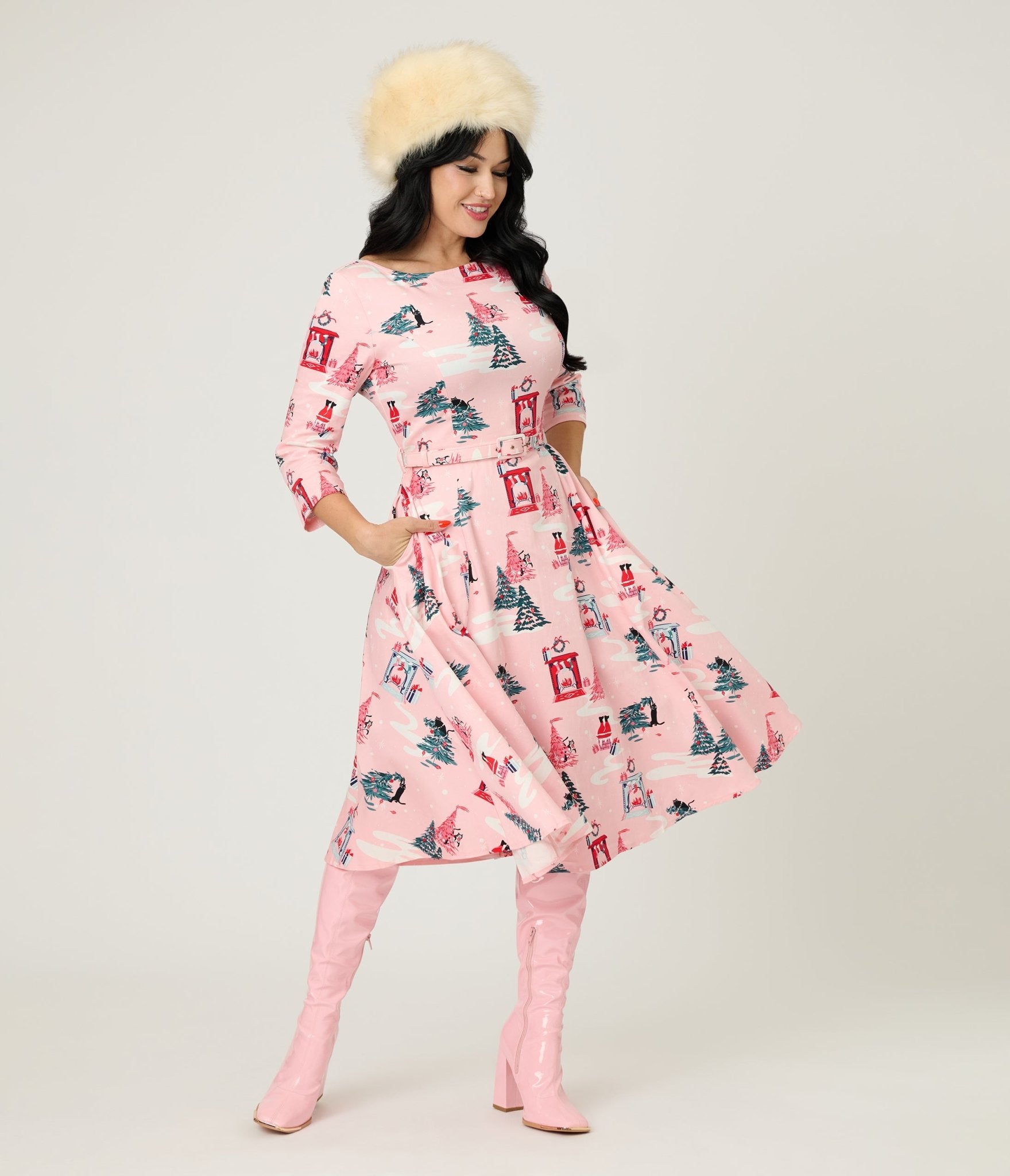 Royal Monk Pink Holiday Print Cotton Swing Dress - Unique Vintage - Womens, DRESSES, SWING